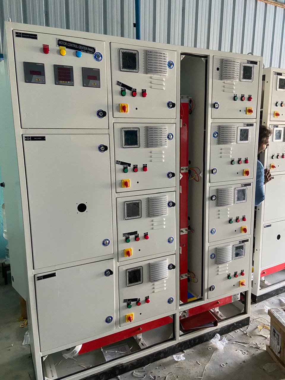 Line-up of multi-feeder control panels with metering, built at the Industrial Engineering shop floor