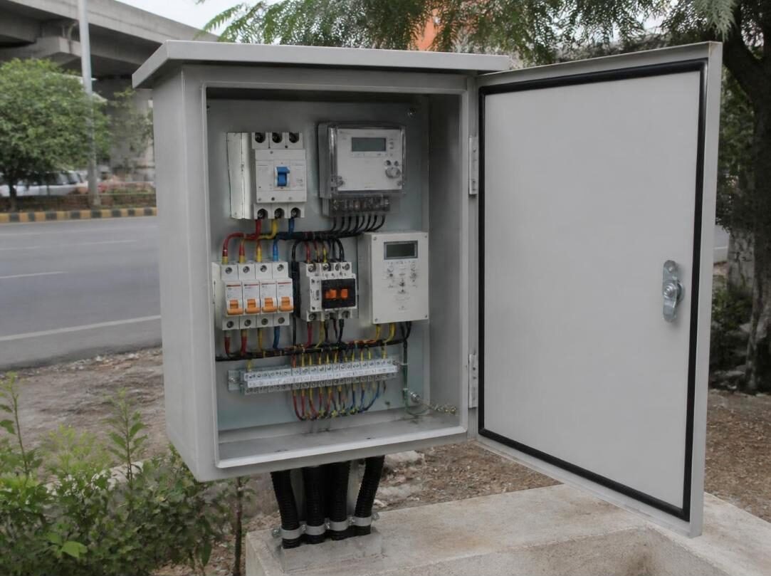 Outdoor street light control panel with MCBs, contactor, timer and energy meter