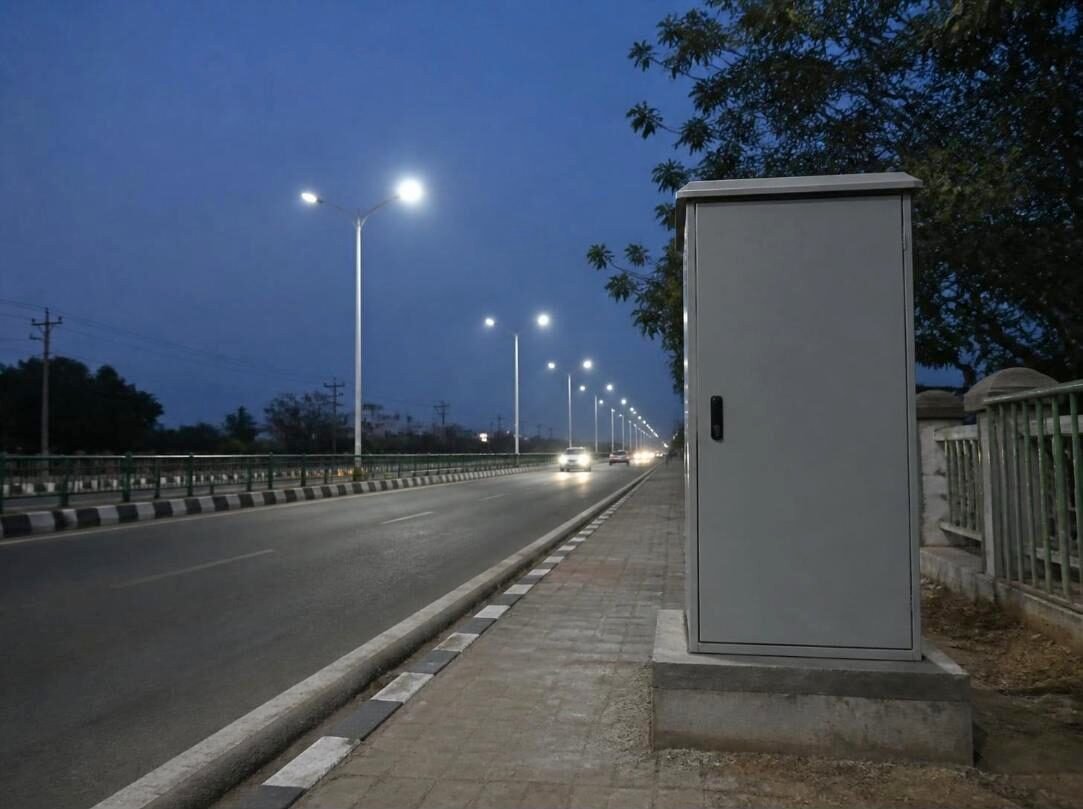 Street lights along a city road with an outdoor control cabinet